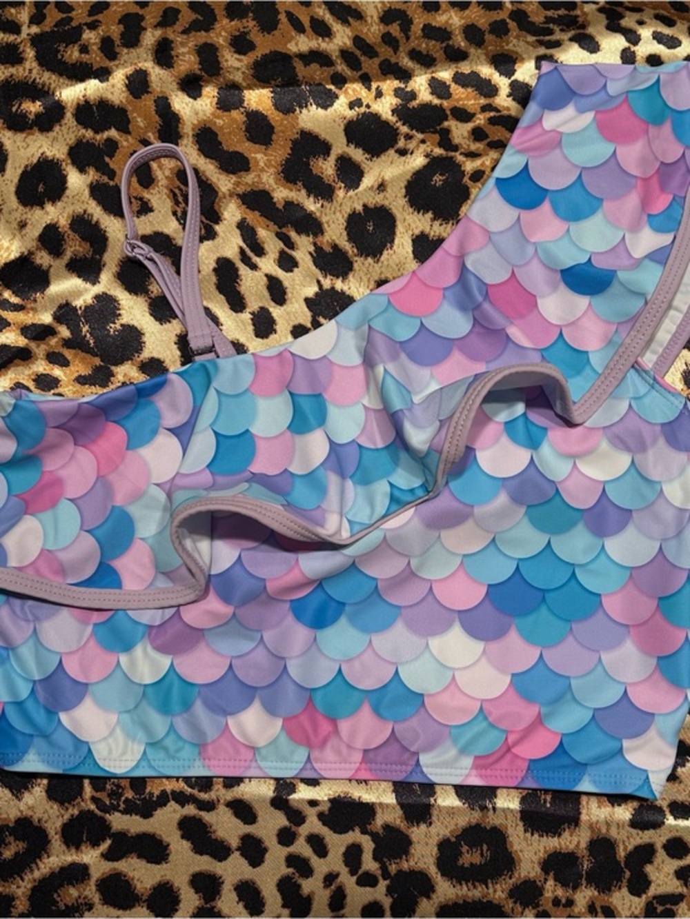Grace Karin Girls Mermaid Scale Print Ruffle One-Shoulder Swim Top